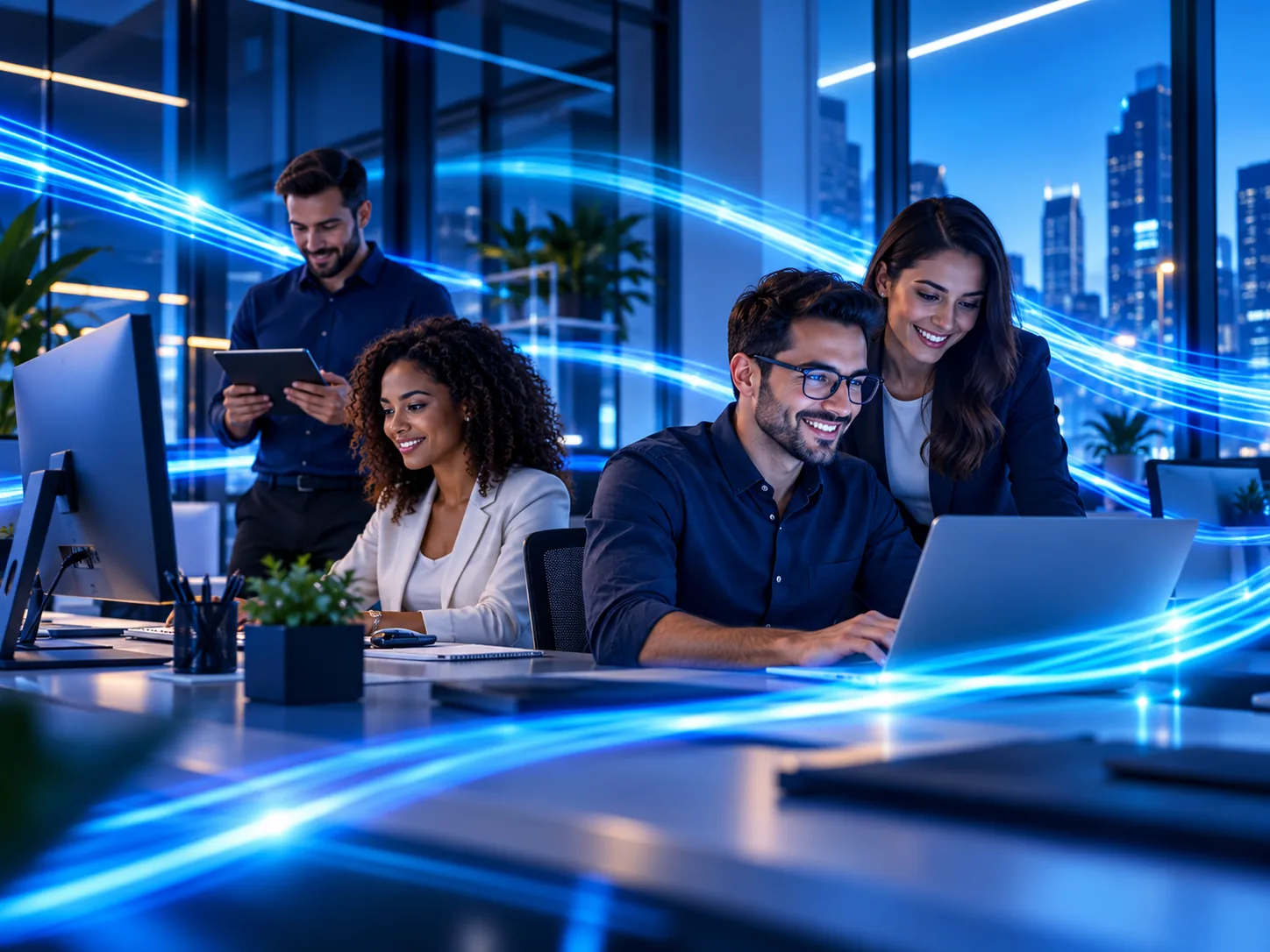 Equipe trabalhando em escritório moderno com feixes luminosos de fibra óptica