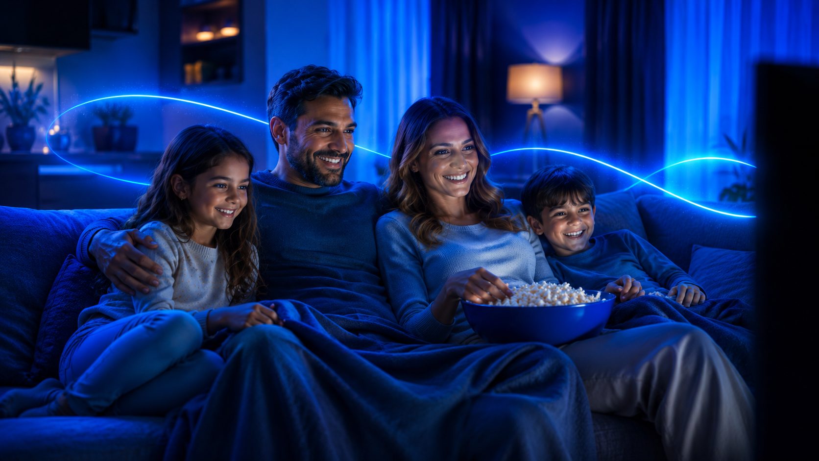 Família reunida assistindo streaming em casa com internet estável