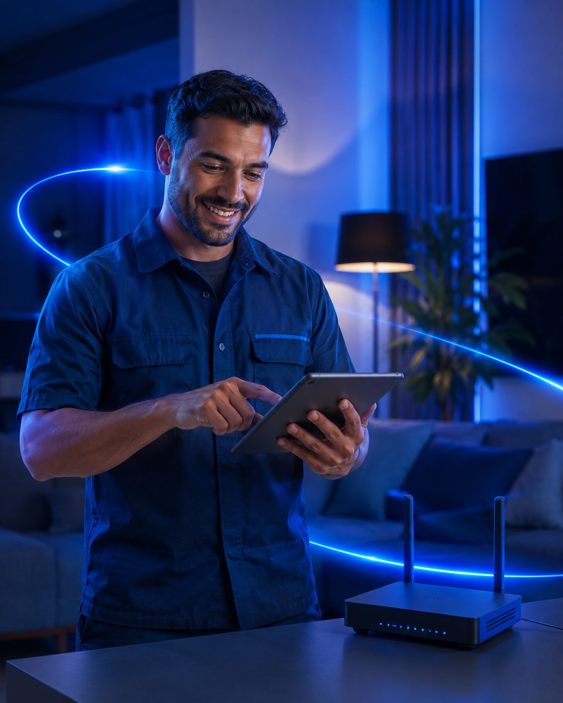 Técnico de internet verificando roteador com tablet